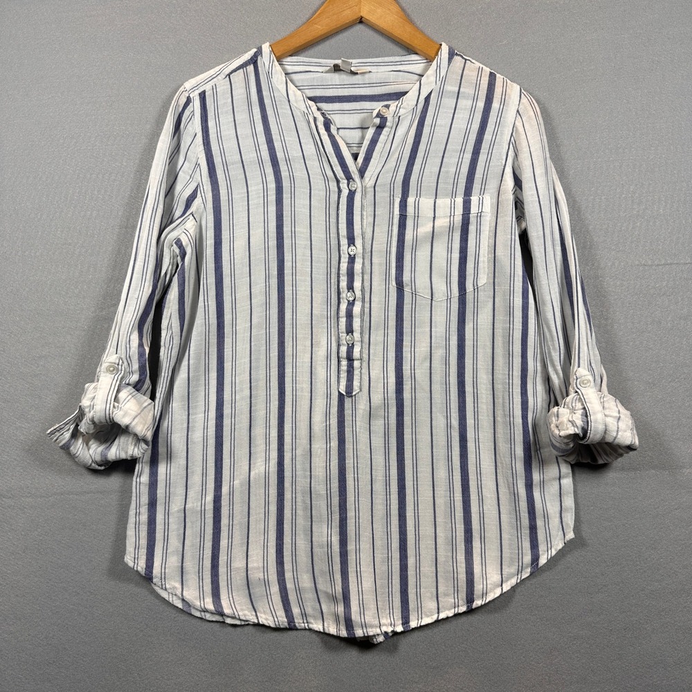 Lucky Brand Blue White Striped Roll Sleeve Button Up Coastal Chic Tunic Sz M
